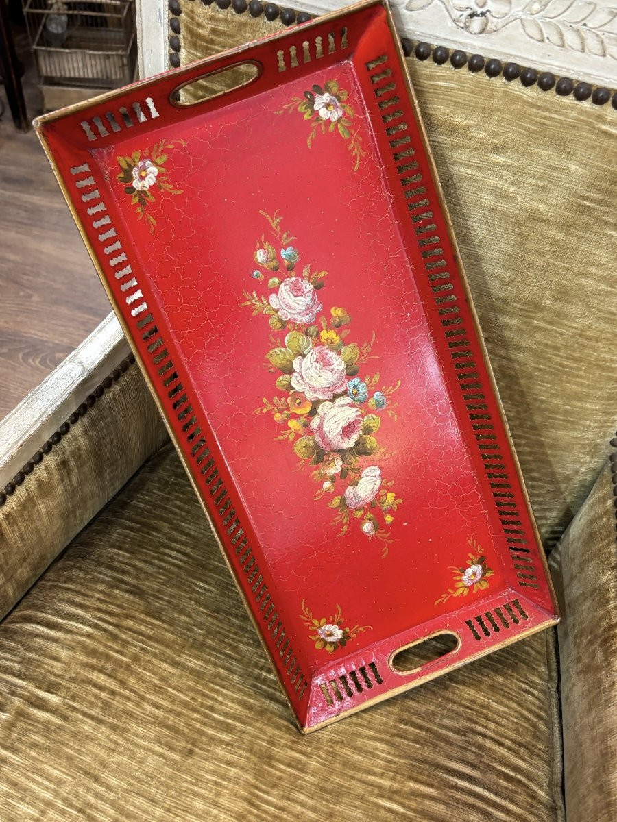 ancien plateau de service en tole à decor floral , epoque XX eme bon état-photo-1