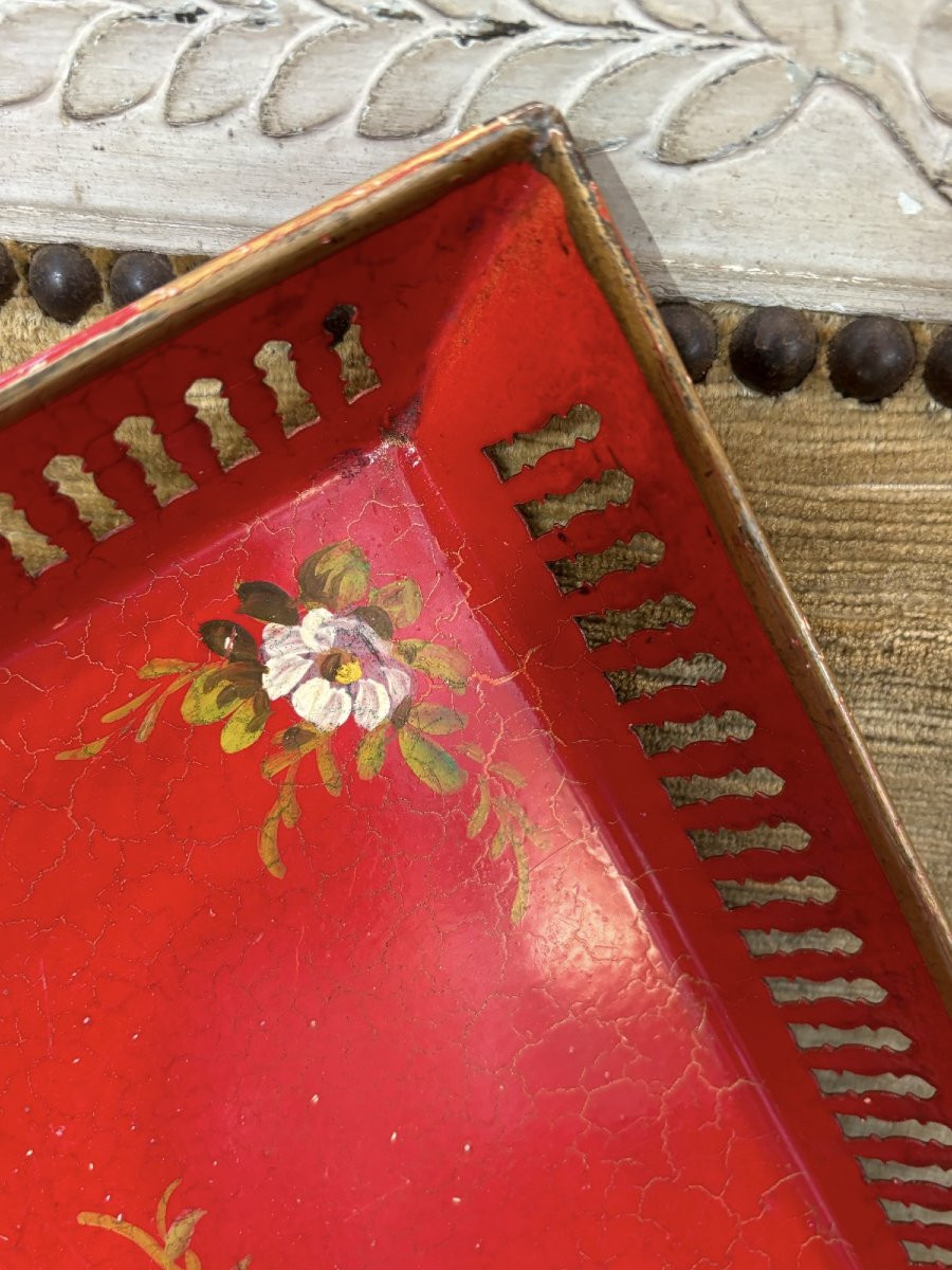 ancien plateau de service en tole à decor floral , epoque XX eme bon état-photo-4