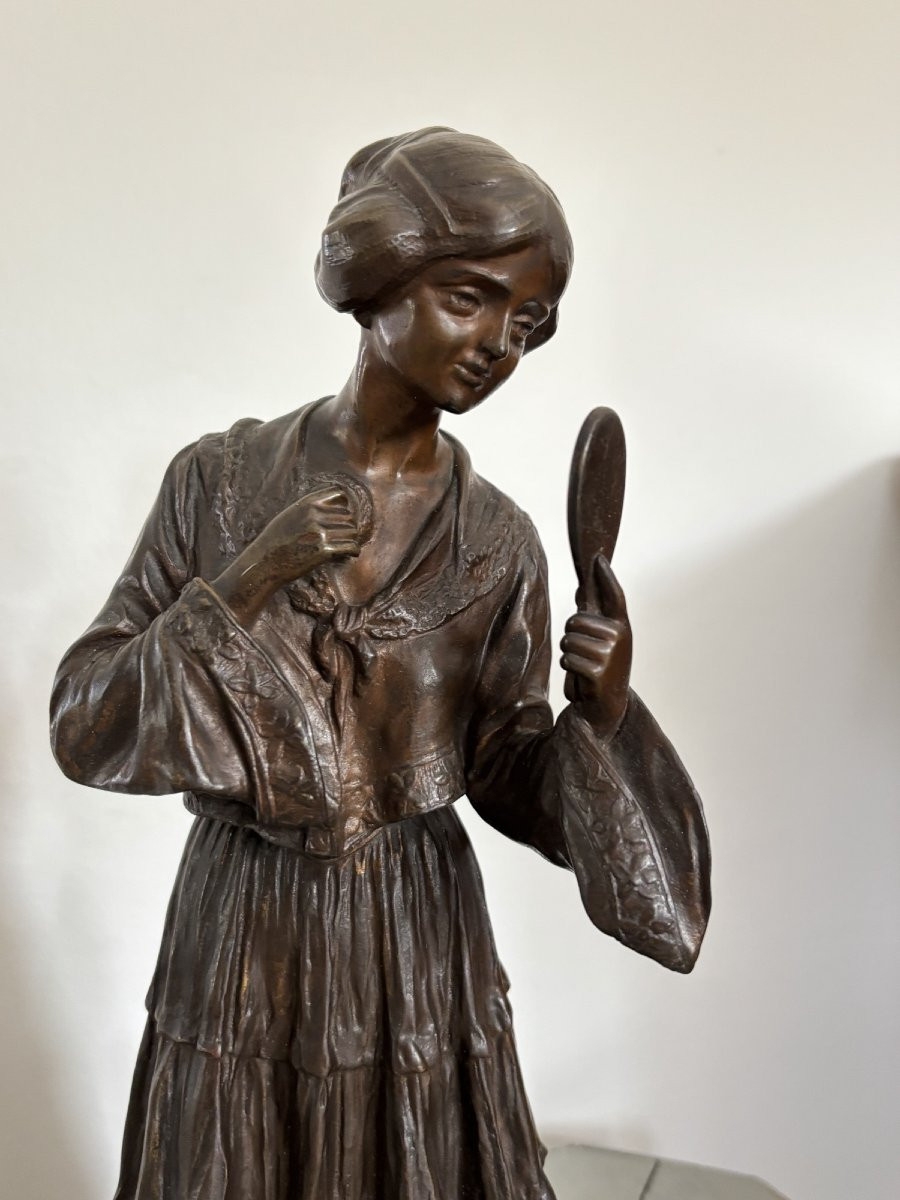Ancienne statue sculpture en bronze patiné la jeune fille au miroir vers 1920 art nouveau -photo-4