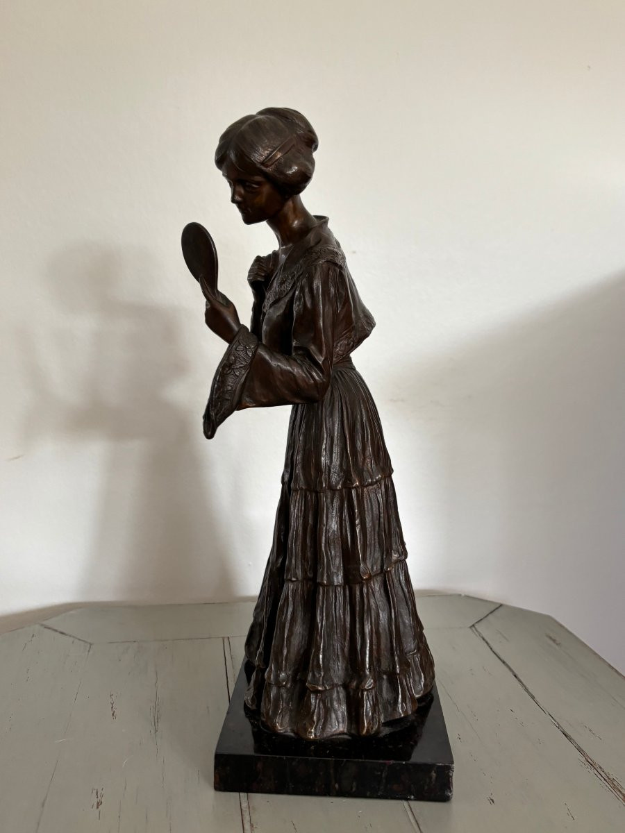 Ancienne statue sculpture en bronze patiné la jeune fille au miroir vers 1920 art nouveau -photo-1