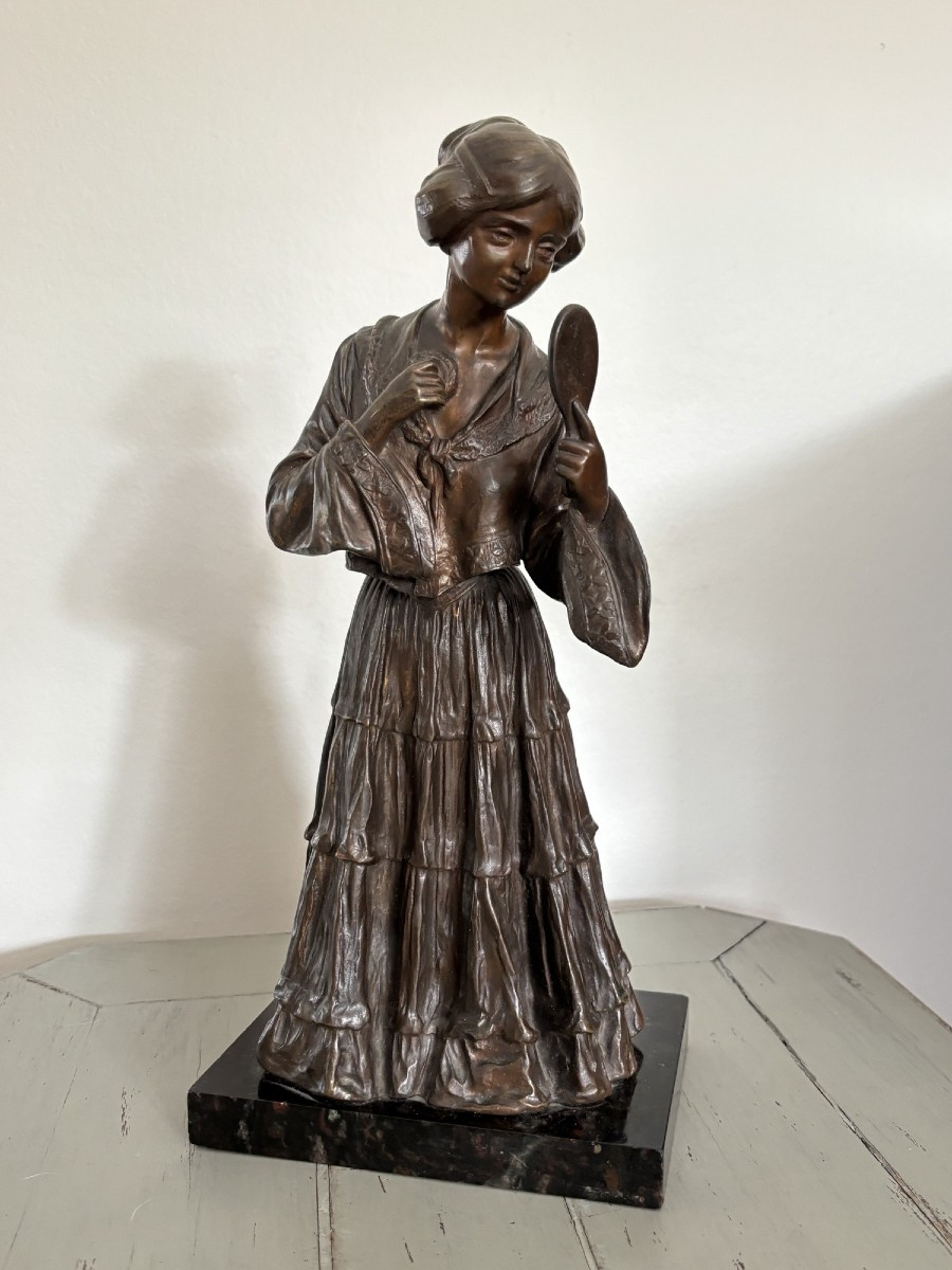 Ancienne statue sculpture en bronze patiné la jeune fille au miroir vers 1920 art nouveau 