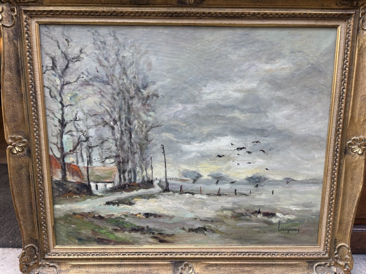 Ancien grand tableau Post Impressionniste ecole de rouen M Laquay pays de caux en hiver-photo-3