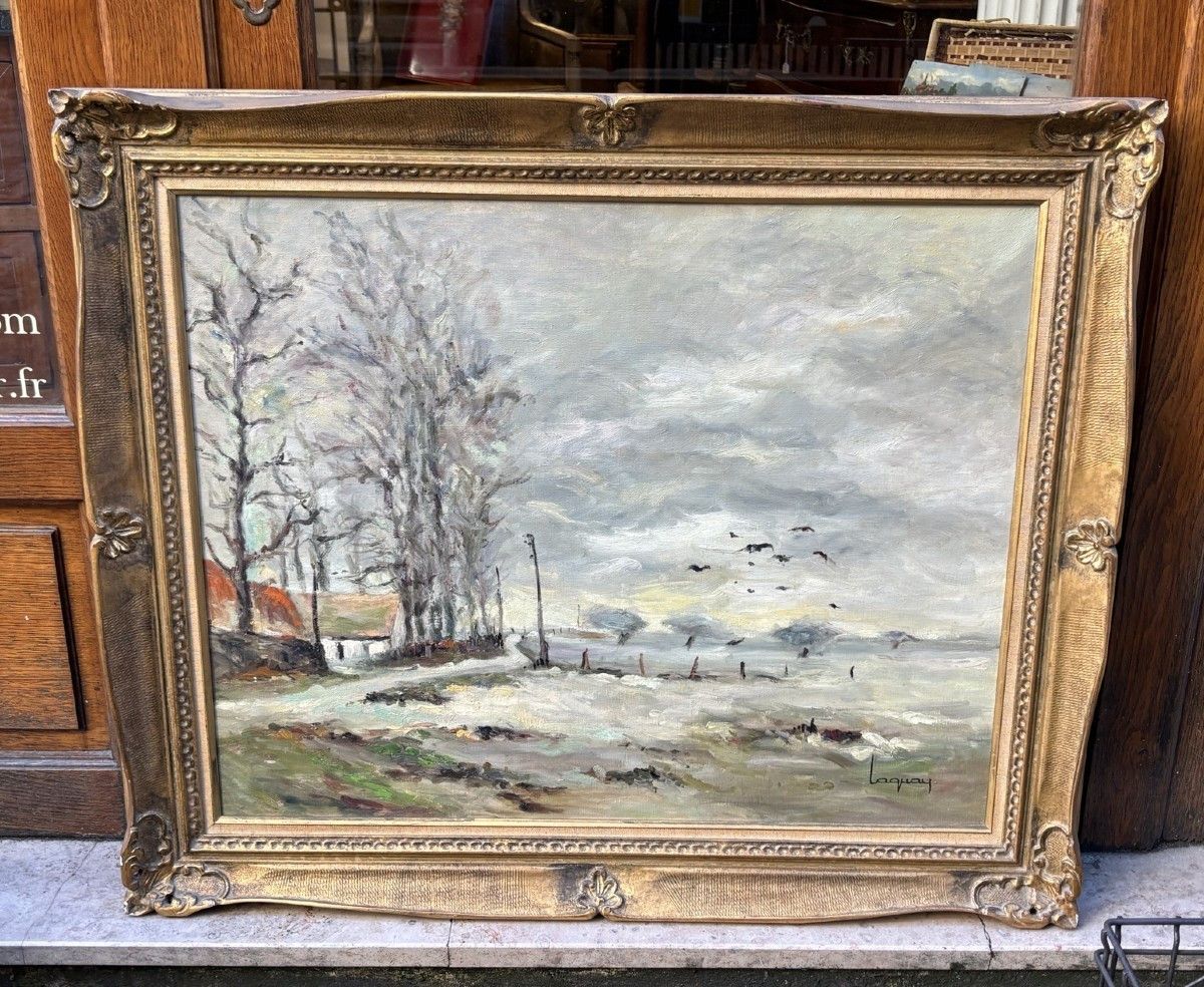 Ancien grand tableau Post Impressionniste ecole de rouen M Laquay pays de caux en hiver