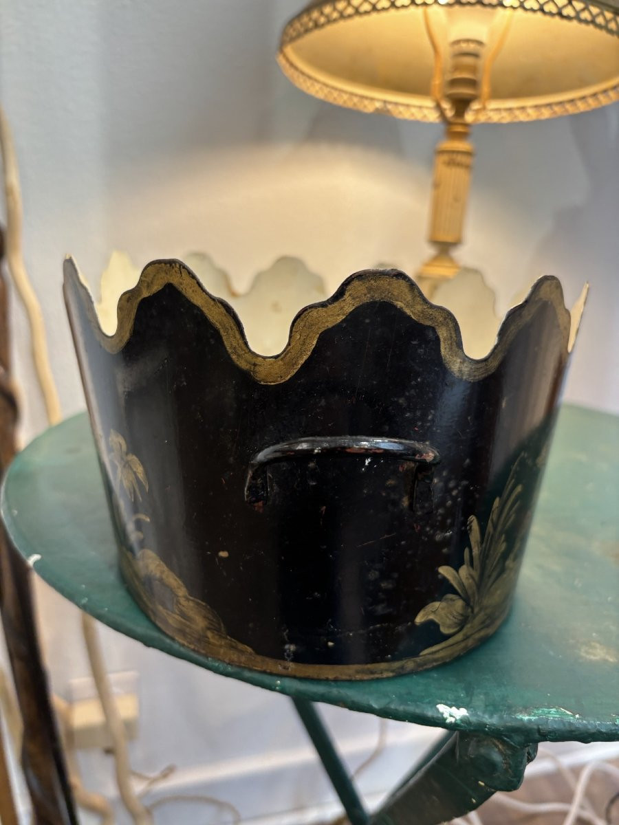 Ancien rafraichissoir en tôle peinte decor aux chinois  fin XIX eme siècle corbeille pot -photo-3