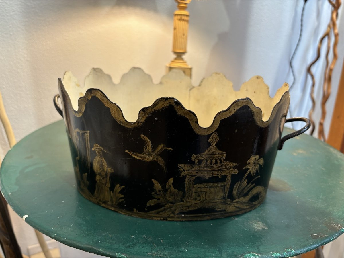 Ancien rafraichissoir en tôle peinte decor aux chinois  fin XIX eme siècle corbeille pot -photo-1