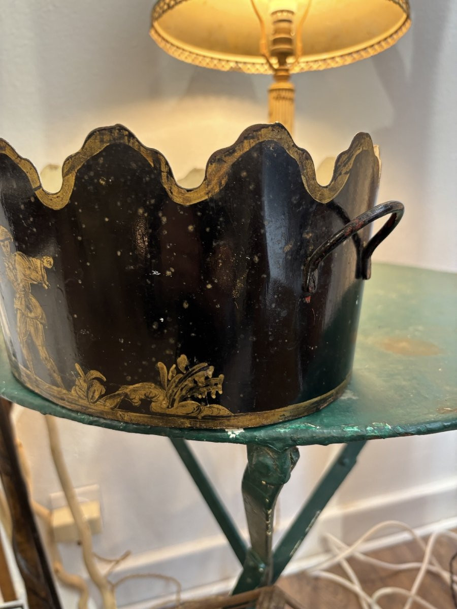 Ancien rafraichissoir en tôle peinte decor aux chinois  fin XIX eme siècle corbeille pot -photo-3
