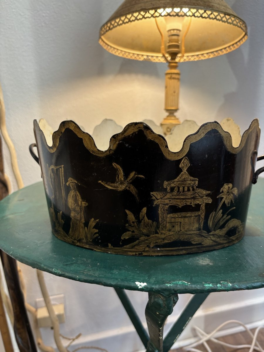 Ancien rafraichissoir en tôle peinte decor aux chinois  fin XIX eme siècle corbeille pot -photo-4