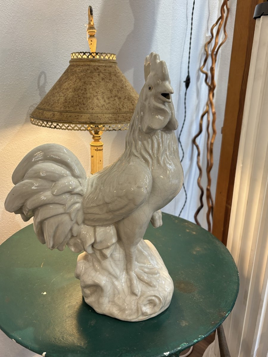 Old Ceramic Rooster Mid 20th Century, Cracked Signature To Decipher Animal Faience-photo-2