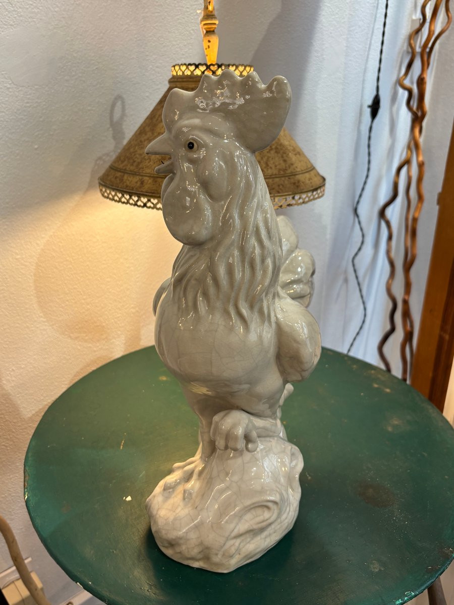 Old Ceramic Rooster Mid 20th Century, Cracked Signature To Decipher Animal Faience-photo-1