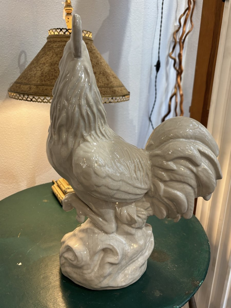 Old Ceramic Rooster Mid 20th Century, Cracked Signature To Decipher Animal Faience-photo-2
