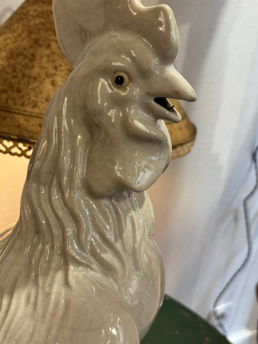 Old Ceramic Rooster Mid 20th Century, Cracked Signature To Decipher Animal Faience-photo-5