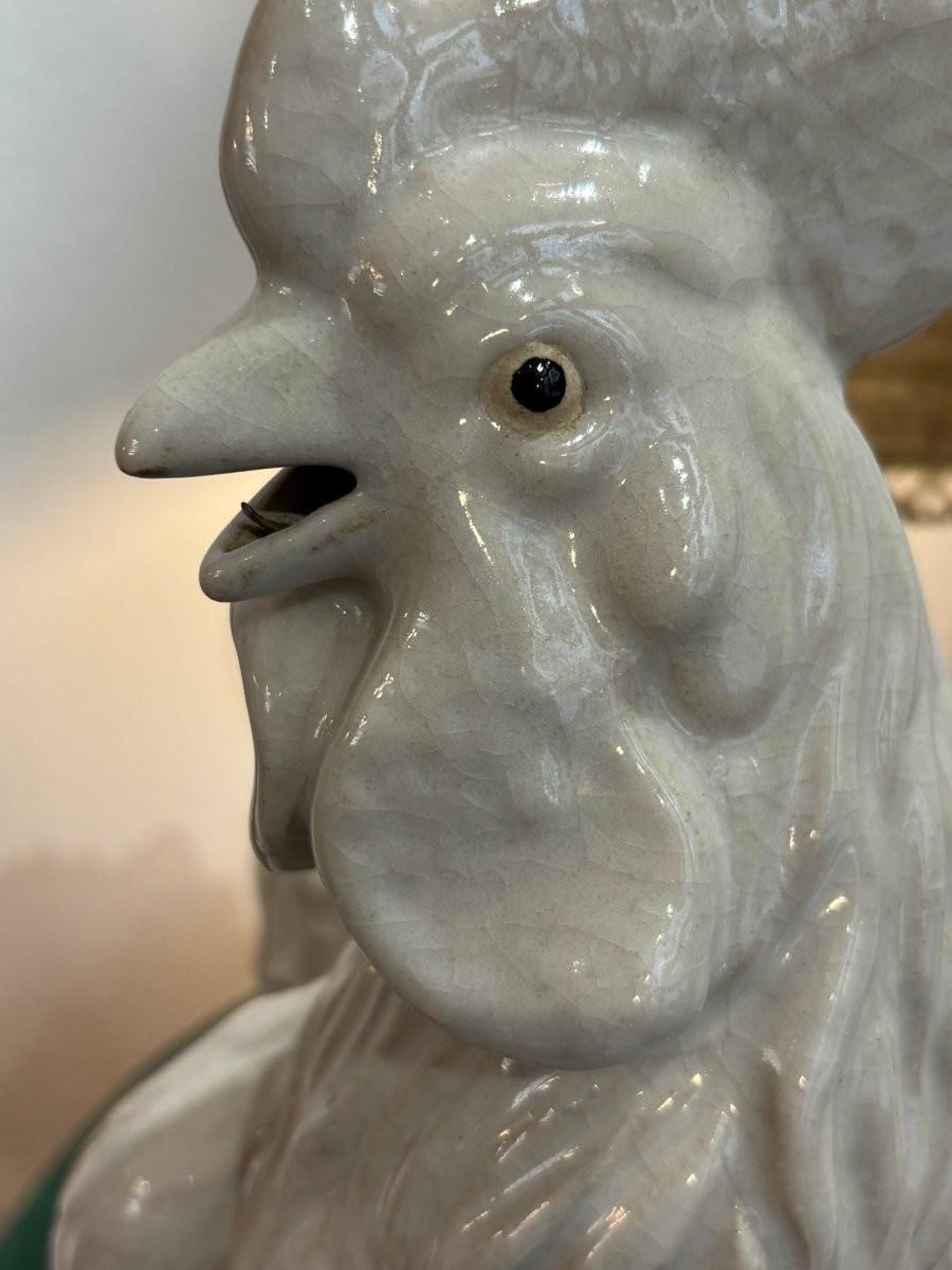 Old Ceramic Rooster Mid 20th Century, Cracked Signature To Decipher Animal Faience-photo-6