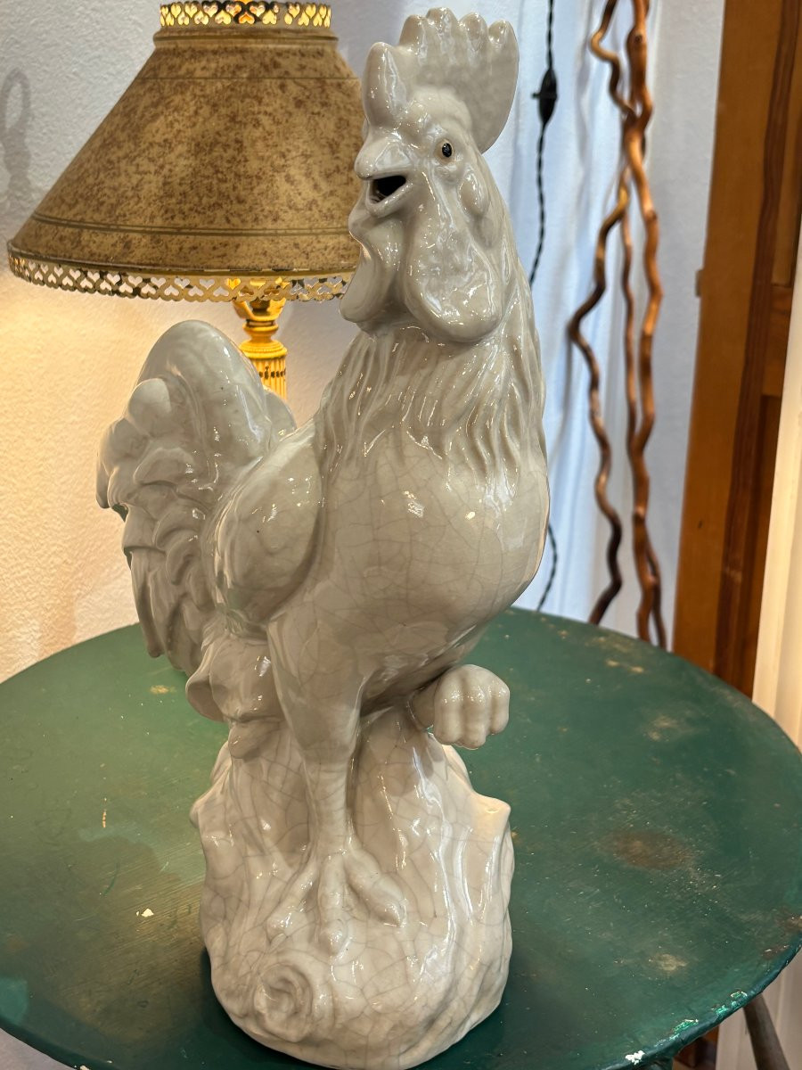 Old Ceramic Rooster Mid 20th Century, Cracked Signature To Decipher Animal Faience-photo-7