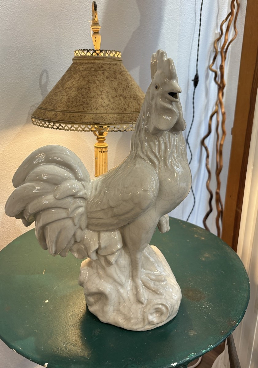 Old Ceramic Rooster Mid 20th Century, Cracked Signature To Decipher Animal Faience