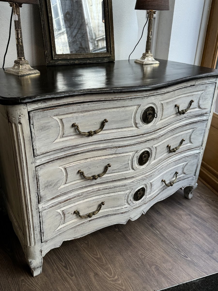 Ancienne Commode Louis XV galbée d' epoque XVIII eme siècle patinée bois peint -photo-4