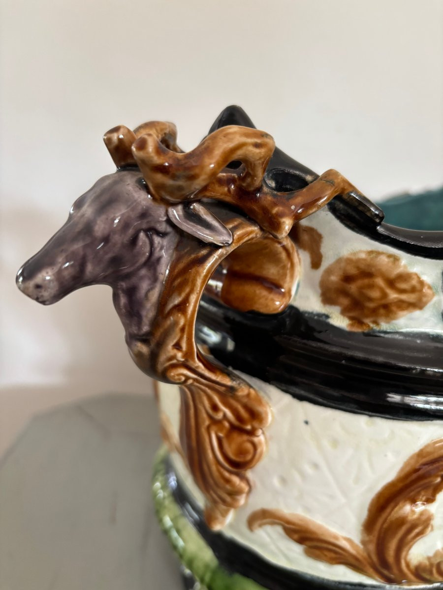 Ancien cache pot en barbotine , vers 1910 style renaissance mascaron Onnaing-photo-2