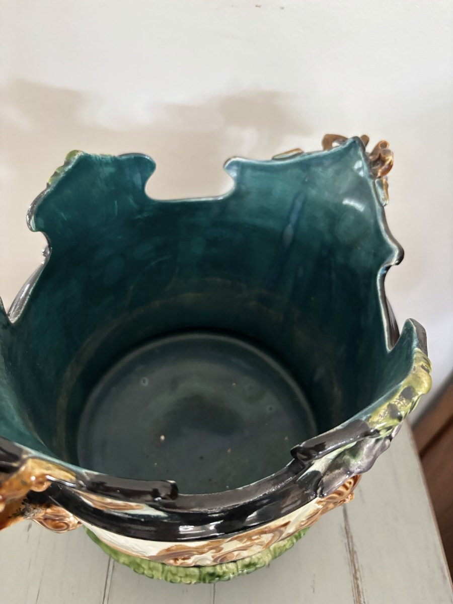 Ancien cache pot en barbotine , vers 1910 style renaissance mascaron Onnaing-photo-3