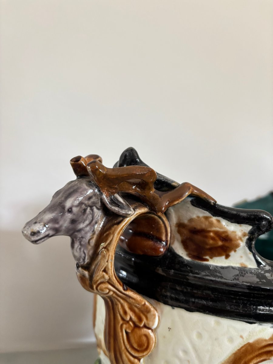 Ancien cache pot en barbotine , vers 1910 style renaissance mascaron Onnaing-photo-5