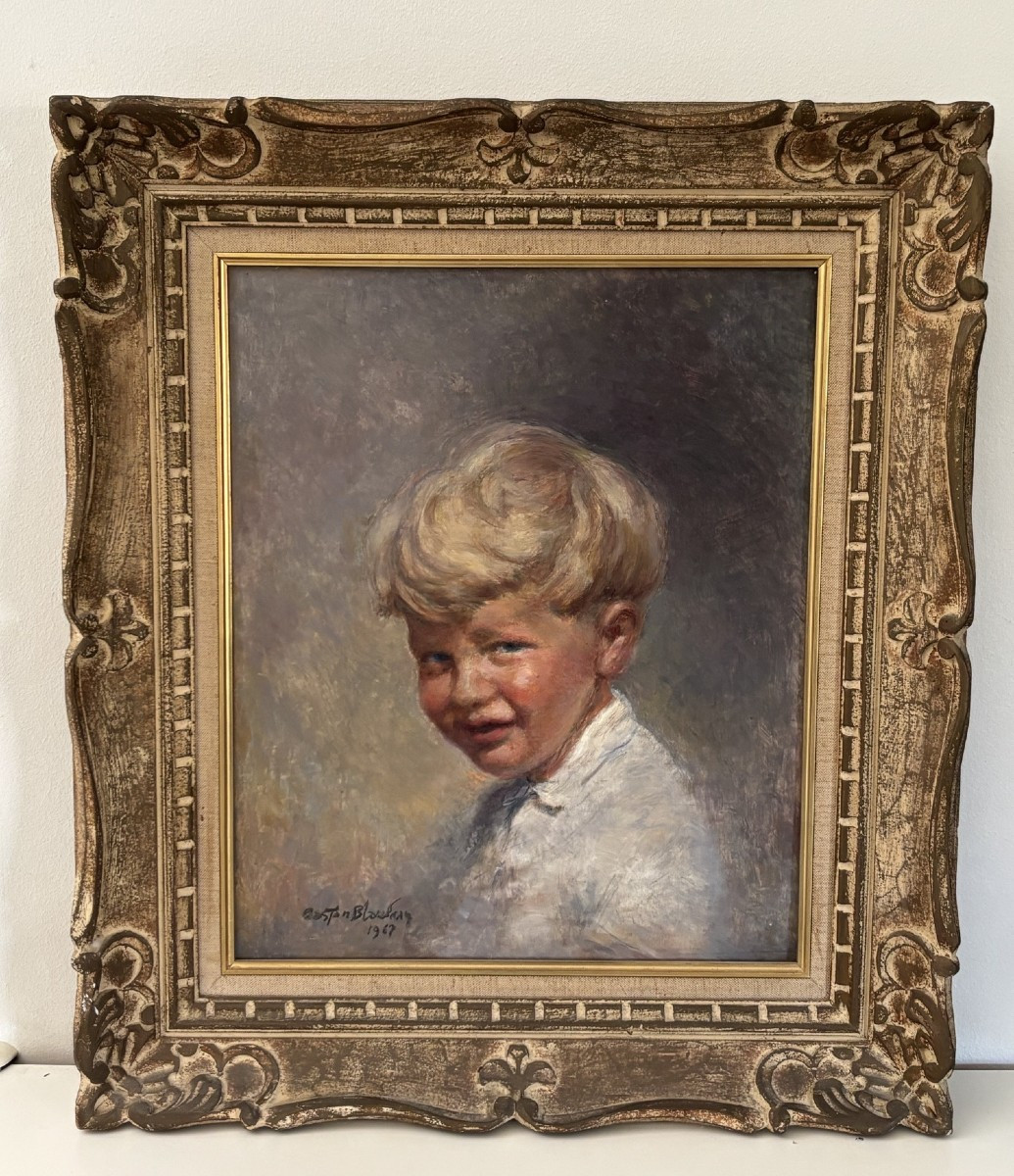Old Painting Portrait Of A Boy By Gaston Blondeau Oil On Mahogany Panel Mid XX Eme