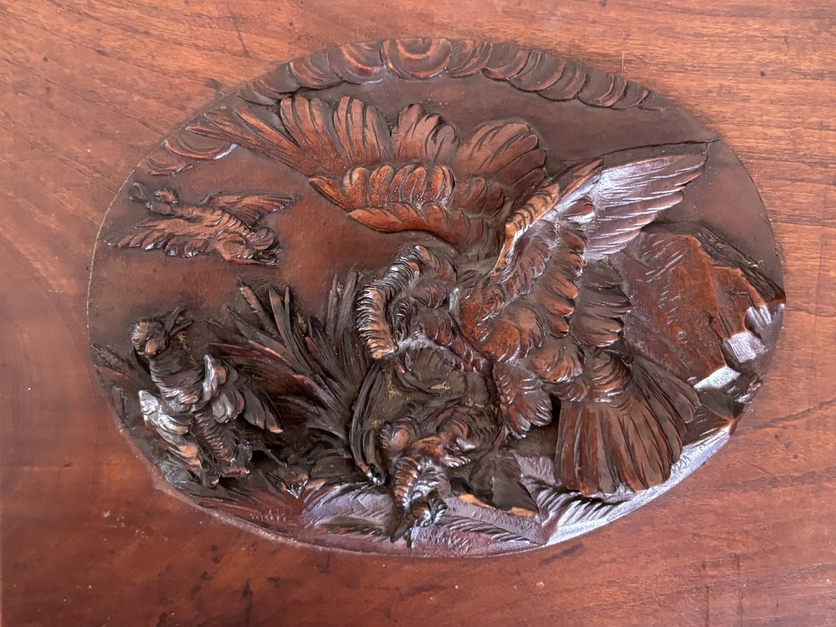 Raptor Hunting Scene On Waterfowl, Carving On Mahogany Panel, 19th Century-photo-1