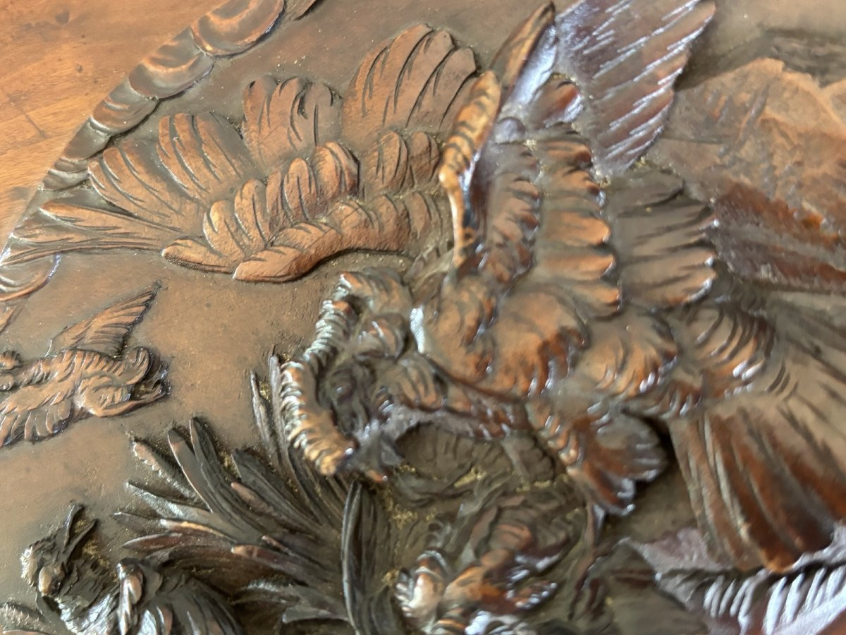 Raptor Hunting Scene On Waterfowl, Carving On Mahogany Panel, 19th Century-photo-2