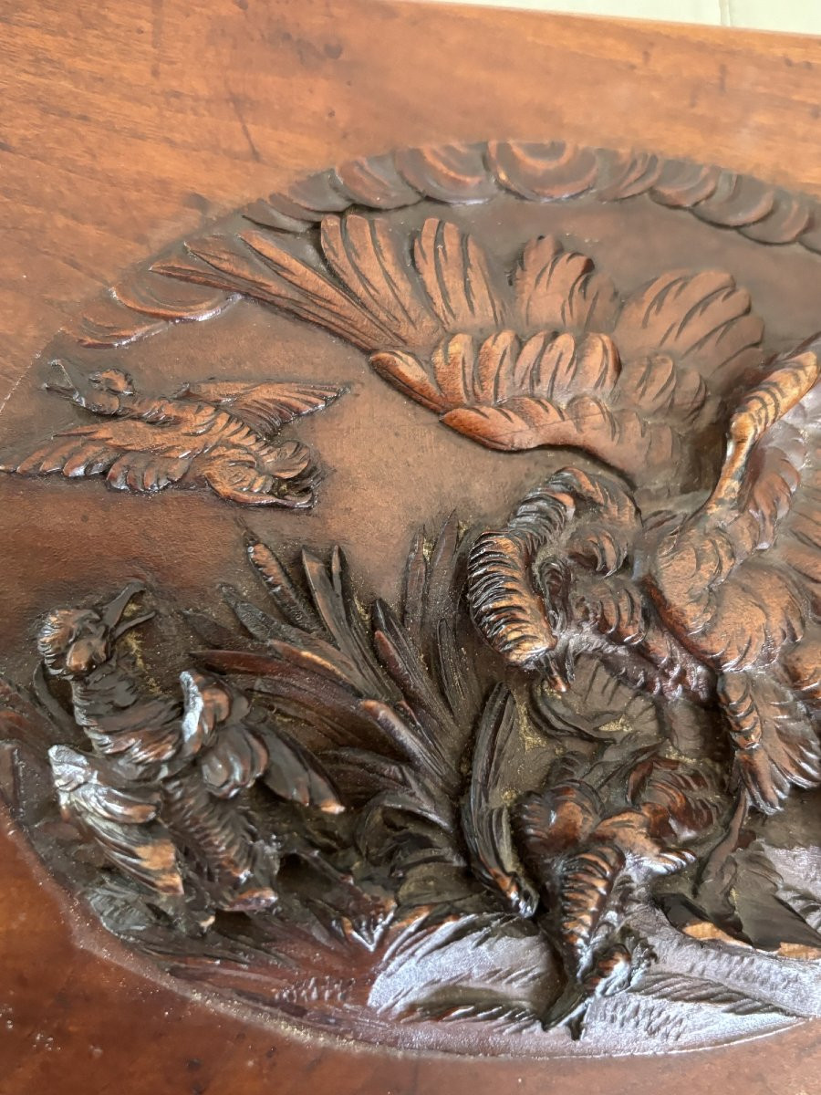 Raptor Hunting Scene On Waterfowl, Carving On Mahogany Panel, 19th Century-photo-3