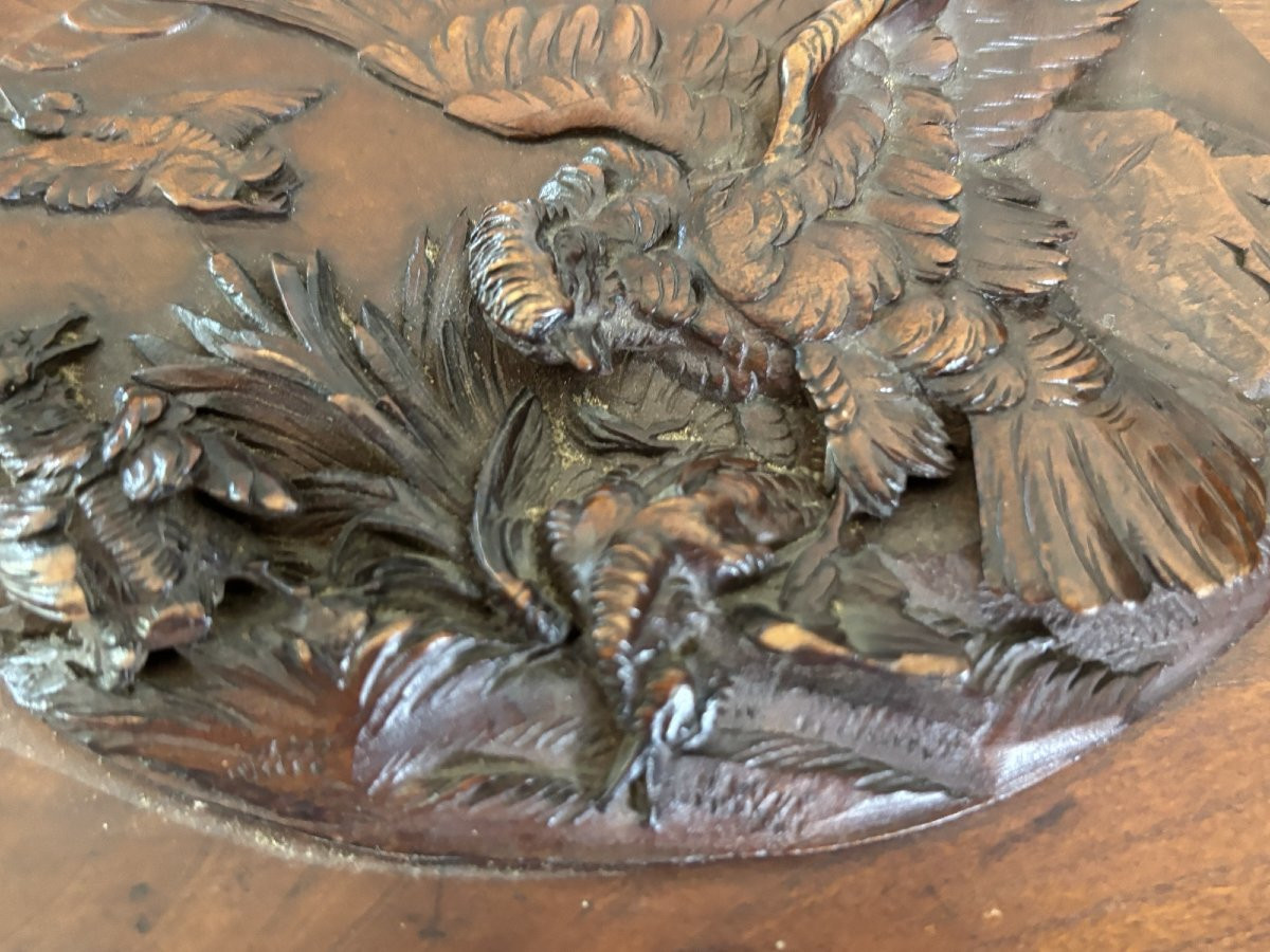Raptor Hunting Scene On Waterfowl, Carving On Mahogany Panel, 19th Century-photo-4