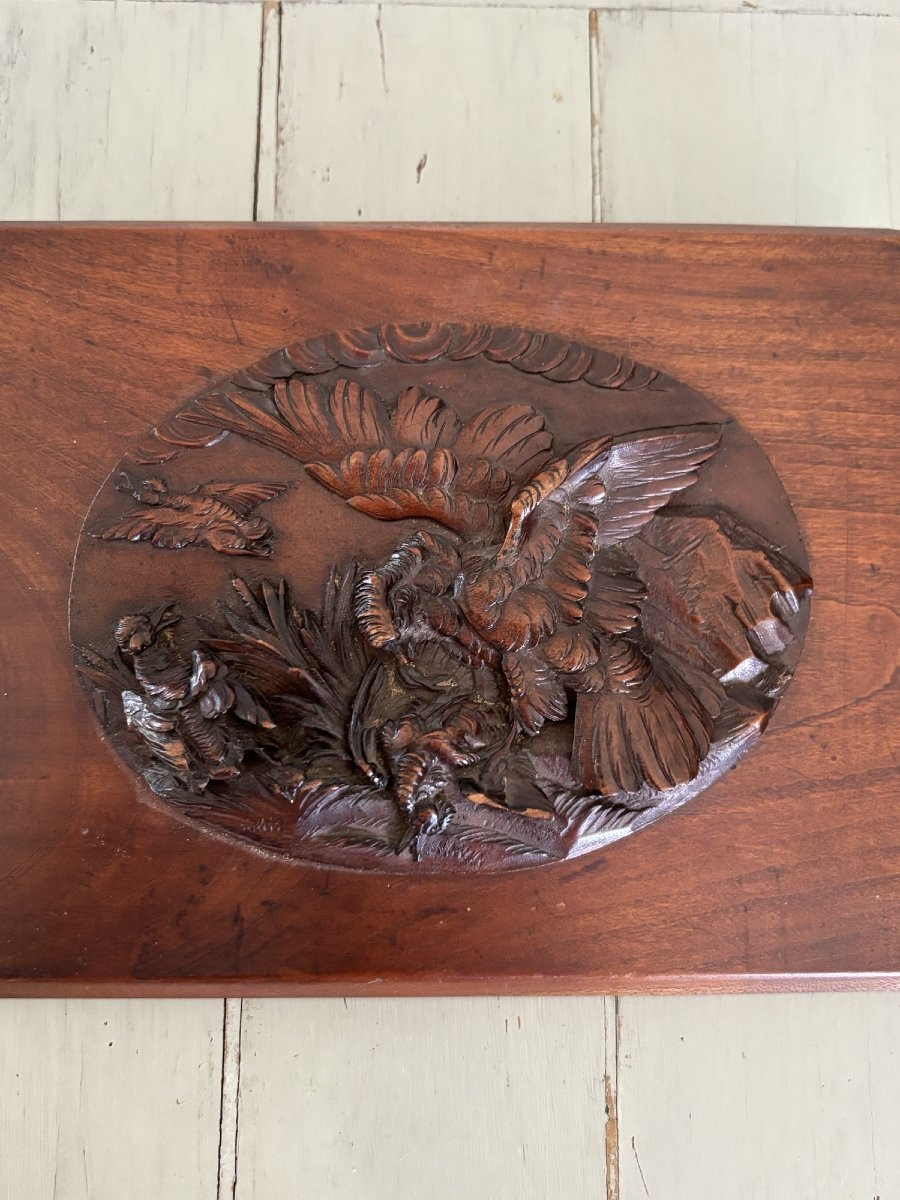 Raptor Hunting Scene On Waterfowl, Carving On Mahogany Panel, 19th Century-photo-5