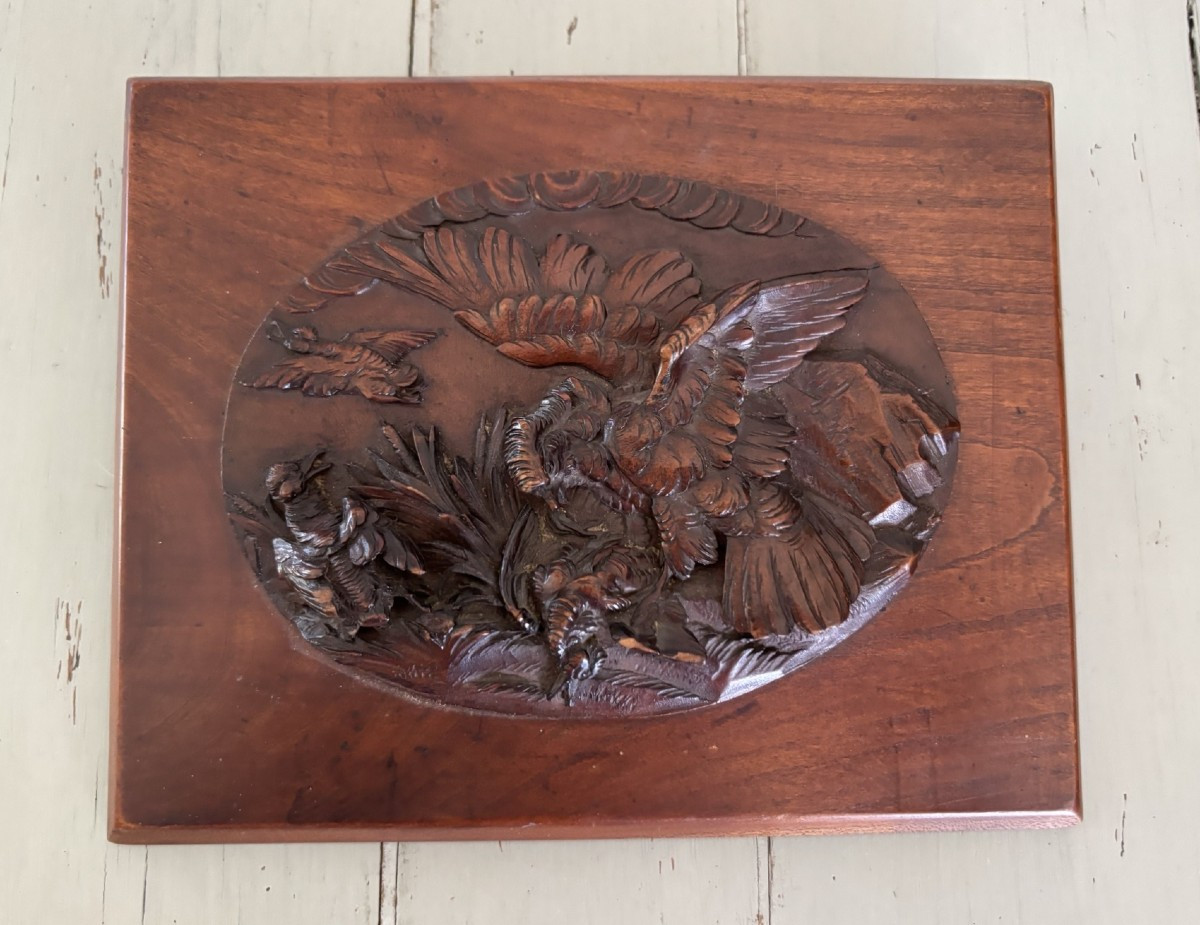 Raptor Hunting Scene On Waterfowl, Carving On Mahogany Panel, 19th Century