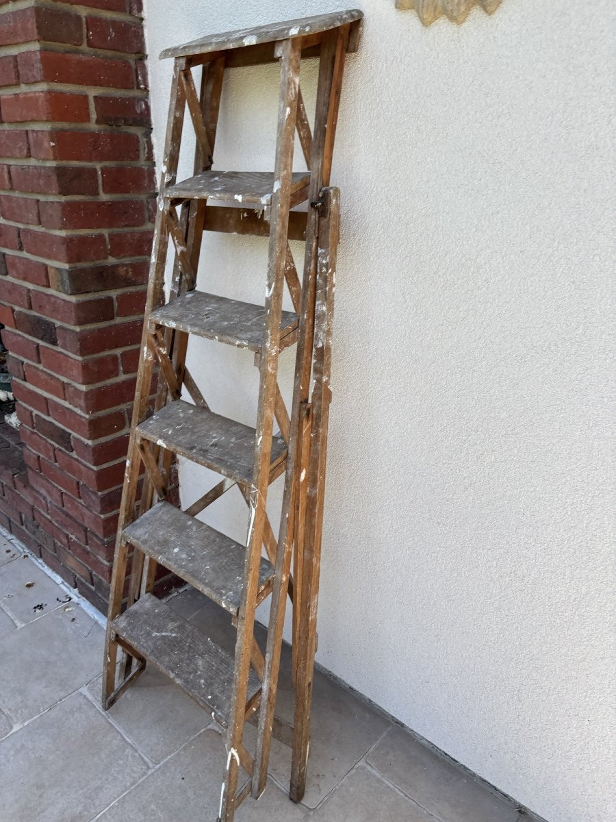 Antique 6-step Workshop Ladder Or Stepladder, Painter's Ladder Circa 1900 Meuble Metier-photo-5
