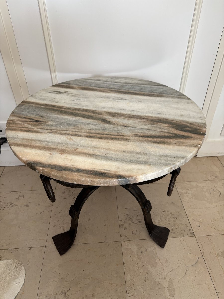 Antique And Original Tripod Iron And Marble Gueridon, Circa 1950 Vintage Coffee Table-photo-2