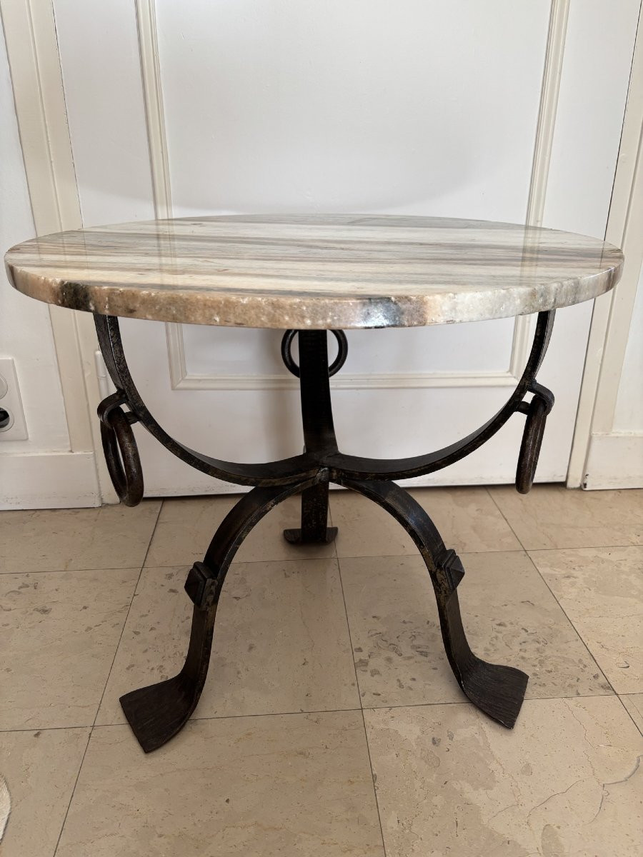 Antique And Original Tripod Iron And Marble Gueridon, Circa 1950 Vintage Coffee Table-photo-3