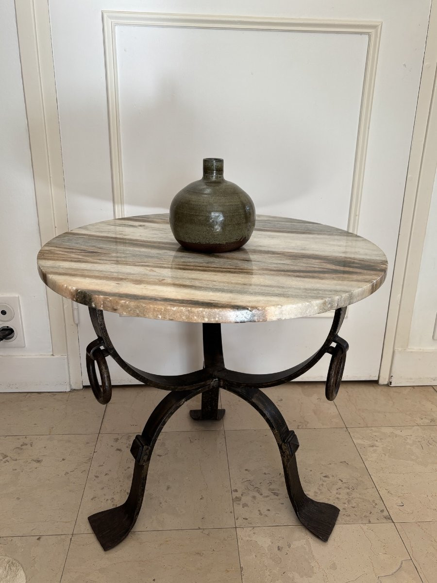 Antique And Original Tripod Iron And Marble Gueridon, Circa 1950 Vintage Coffee Table-photo-2