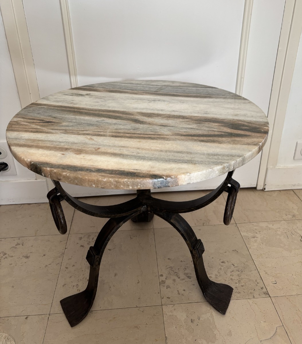 Antique And Original Tripod Iron And Marble Gueridon, Circa 1950 Vintage Coffee Table