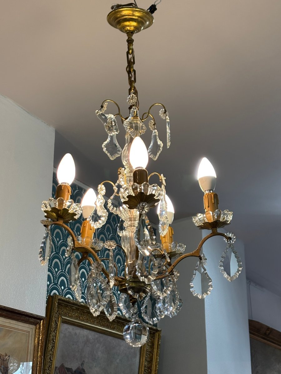Antique Crystal And Bronze Chandelier Late 19th Century Circa 1900 5-light Pendants-photo-3