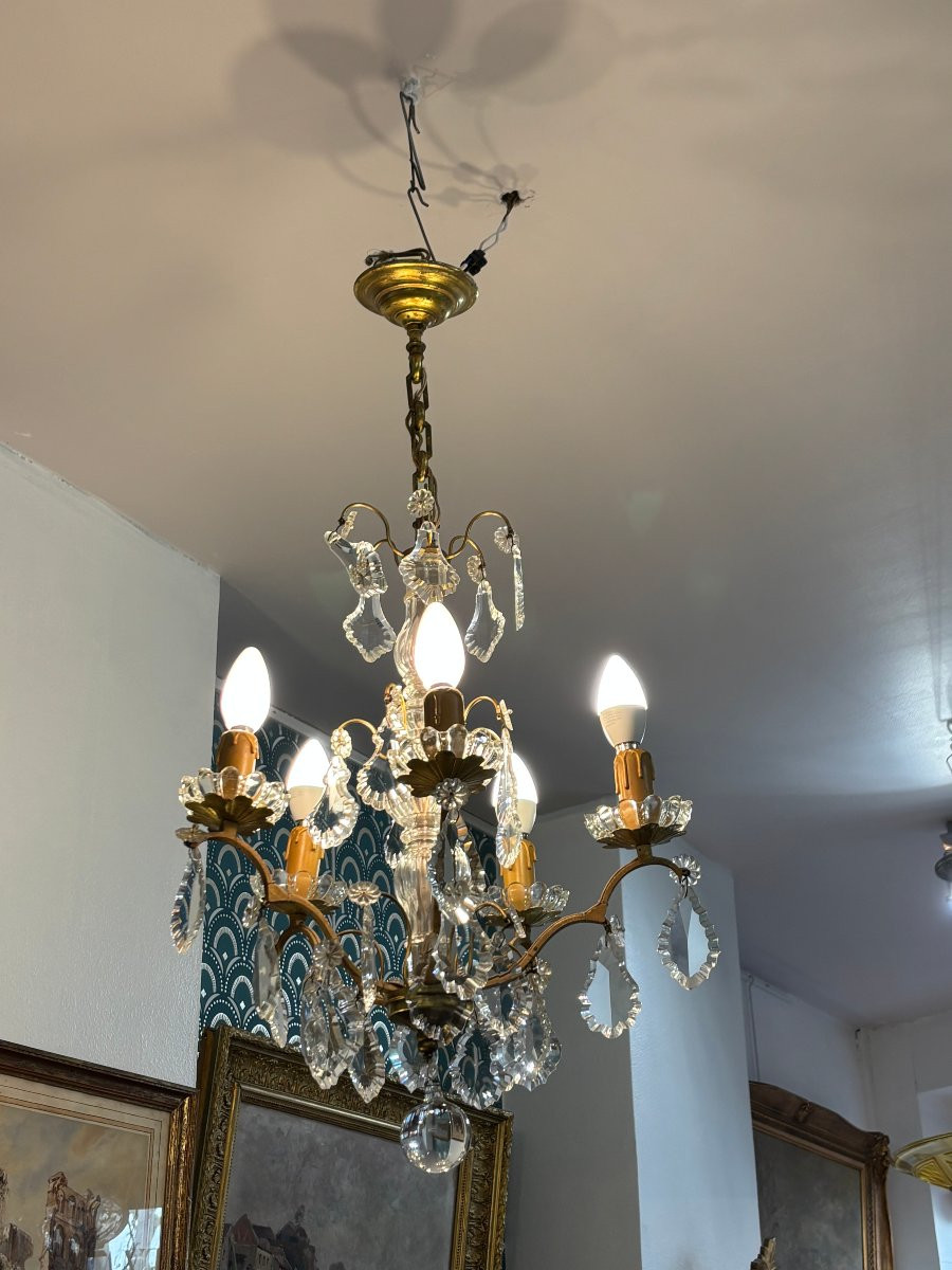 Antique Crystal And Bronze Chandelier Late 19th Century Circa 1900 5-light Pendants-photo-2