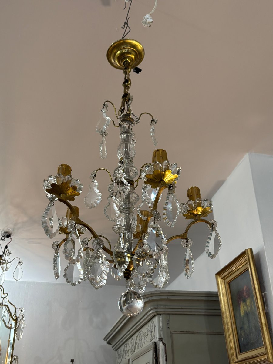 Antique Crystal And Bronze Chandelier Late 19th Century Circa 1900 5-light Pendants-photo-3