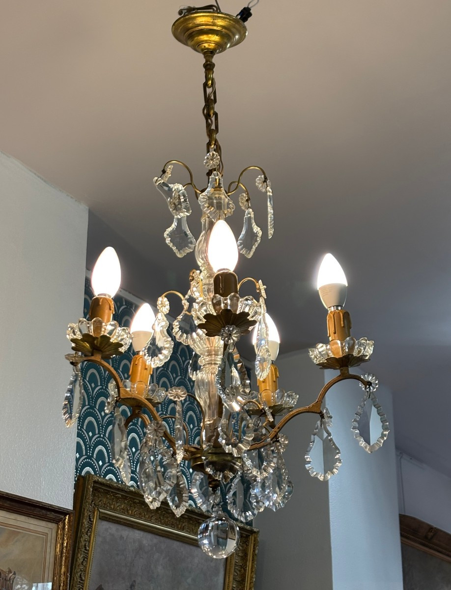 Antique Crystal And Bronze Chandelier Late 19th Century Circa 1900 5-light Pendants