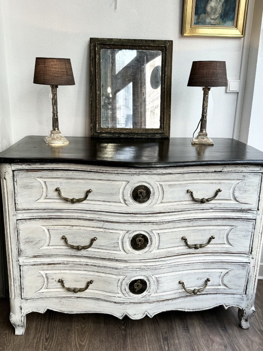 Ancienne Commode Louis XV galbée d' epoque XVIII eme siècle patinée bois peint -photo-3