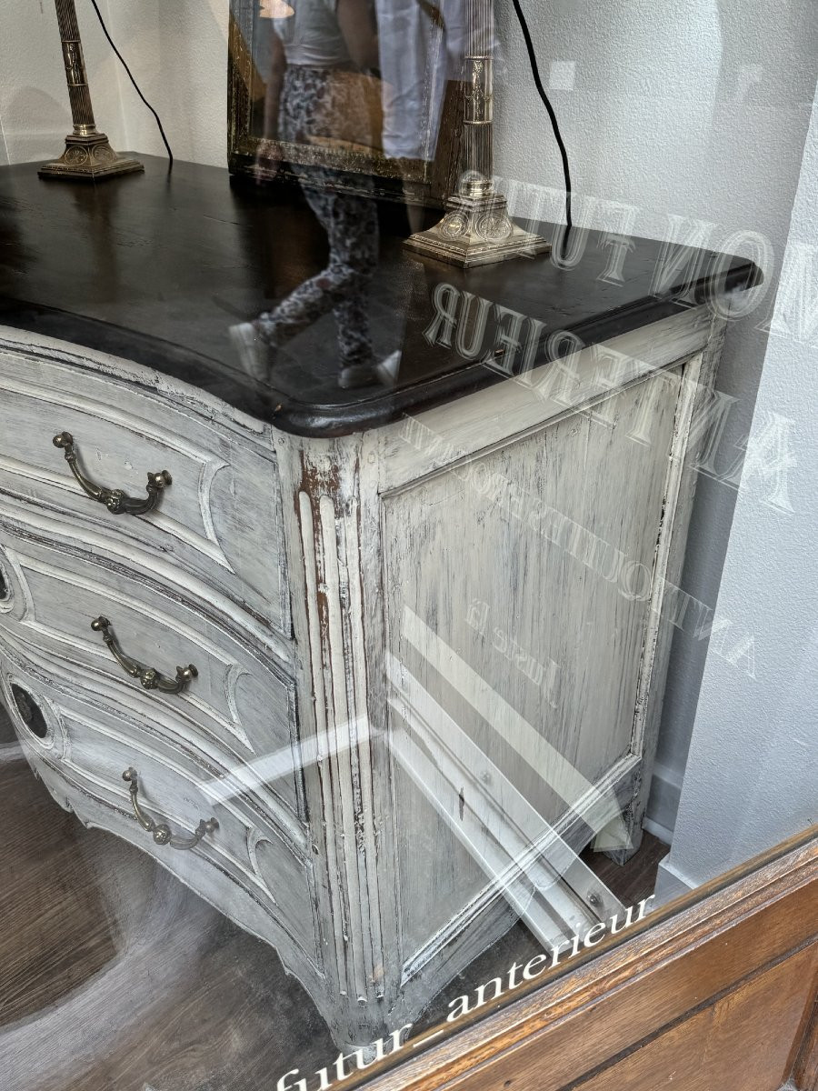 Ancienne Commode Louis XV galbée d' epoque XVIII eme siècle patinée bois peint -photo-3