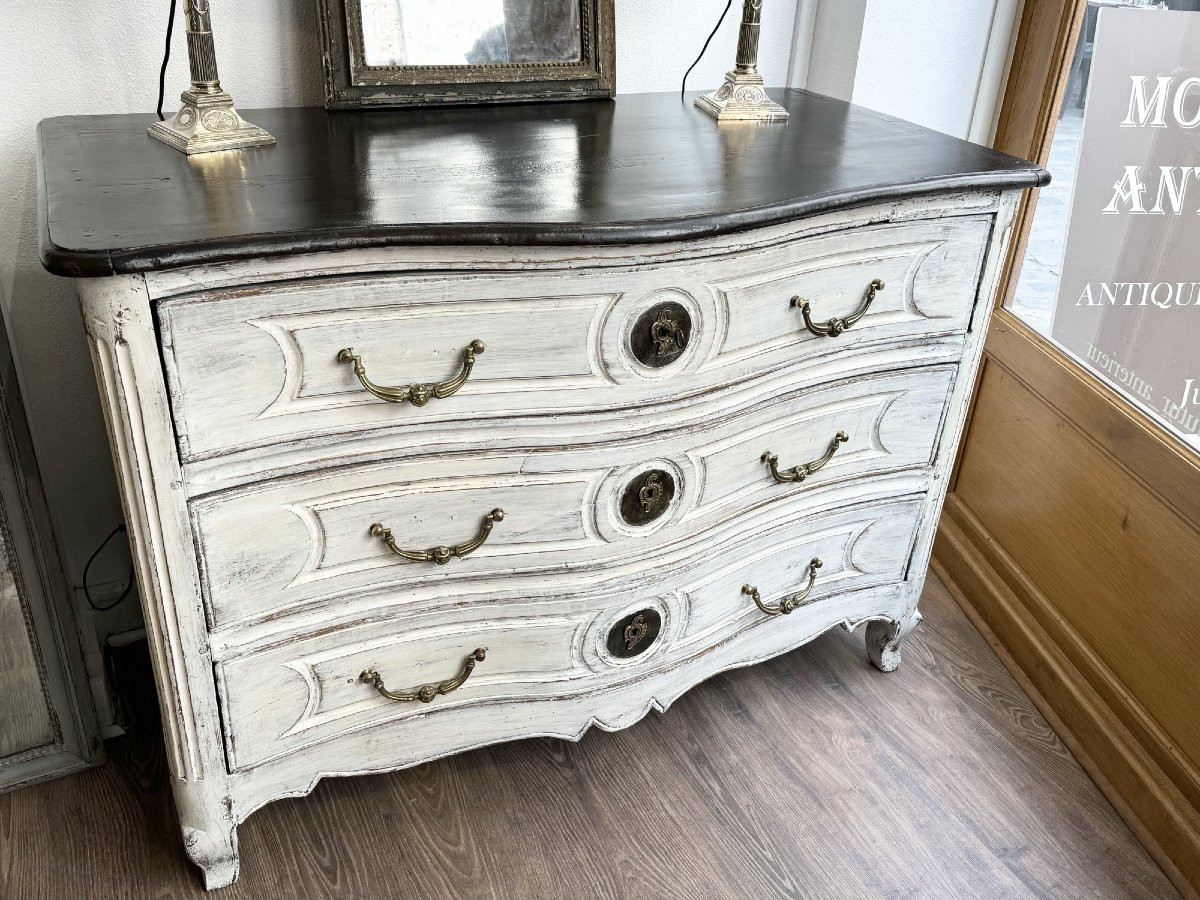 Ancienne Commode Louis XV galbée d' epoque XVIII eme siècle patinée bois peint -photo-6