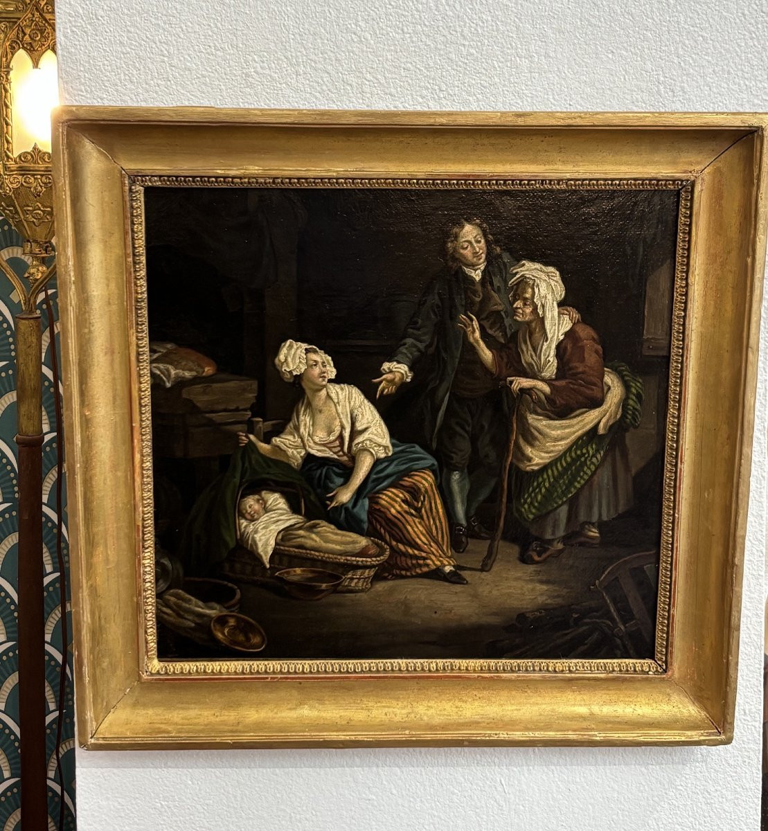 tableau ancien , ecole française fin XVIII eme d'apres Greuze : la presentation du dernier né -photo-3