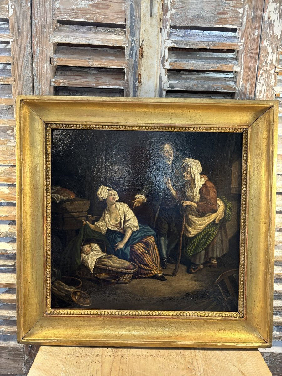 tableau ancien , ecole française fin XVIII eme d'apres Greuze : la presentation du dernier né -photo-4