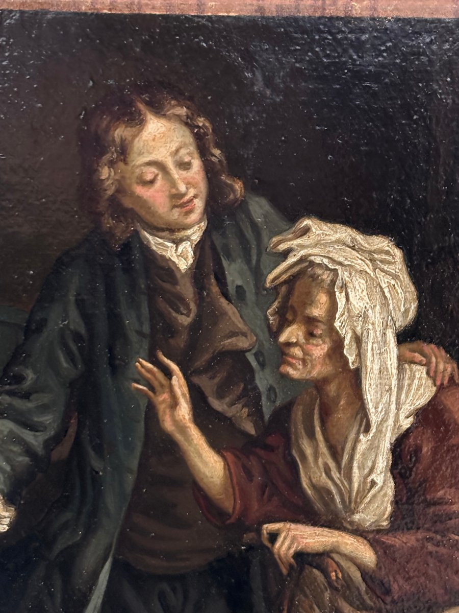 tableau ancien , ecole française fin XVIII eme d'apres Greuze : la presentation du dernier né -photo-1