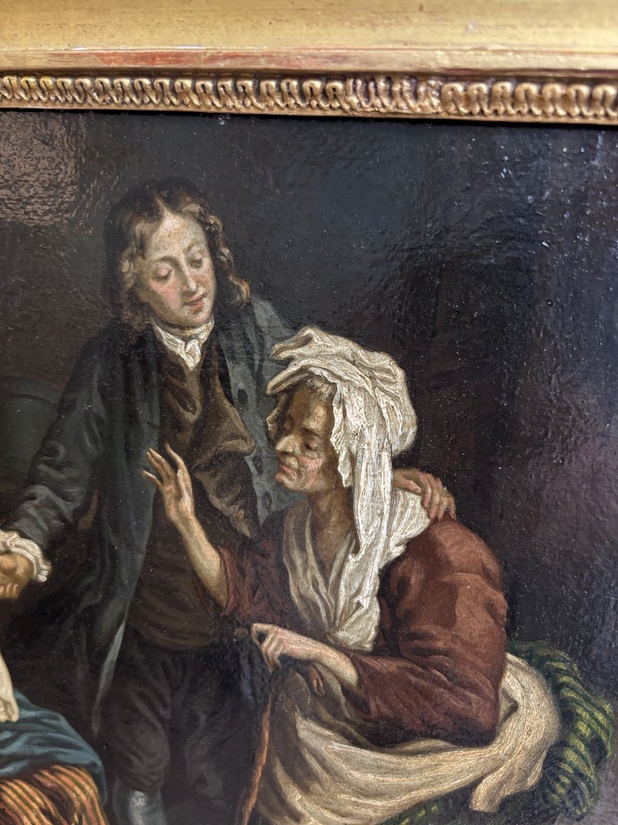 tableau ancien , ecole française fin XVIII eme d'apres Greuze : la presentation du dernier né -photo-3