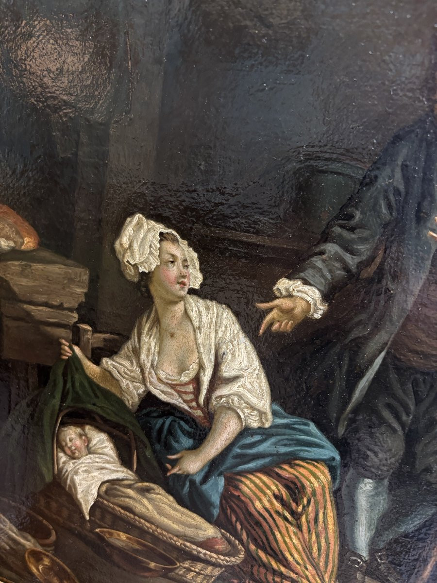 tableau ancien , ecole française fin XVIII eme d'apres Greuze : la presentation du dernier né -photo-4