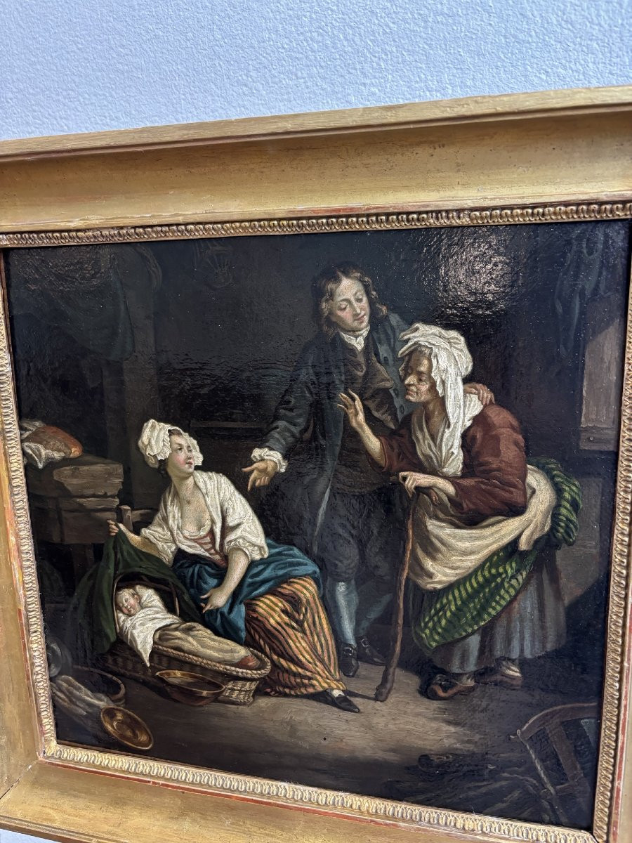 tableau ancien , ecole française fin XVIII eme d'apres Greuze : la presentation du dernier né -photo-5