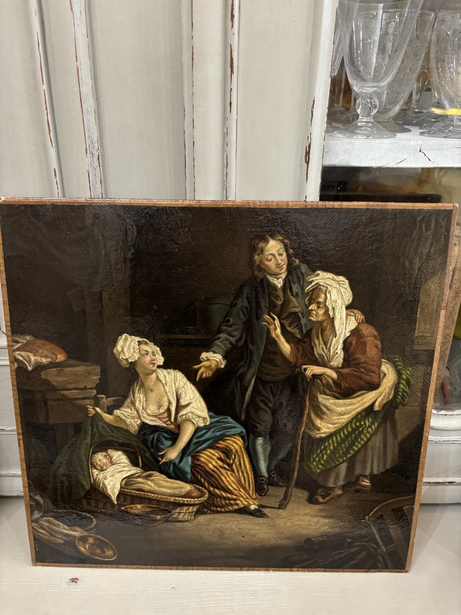 tableau ancien , ecole française fin XVIII eme d'apres Greuze : la presentation du dernier né -photo-6