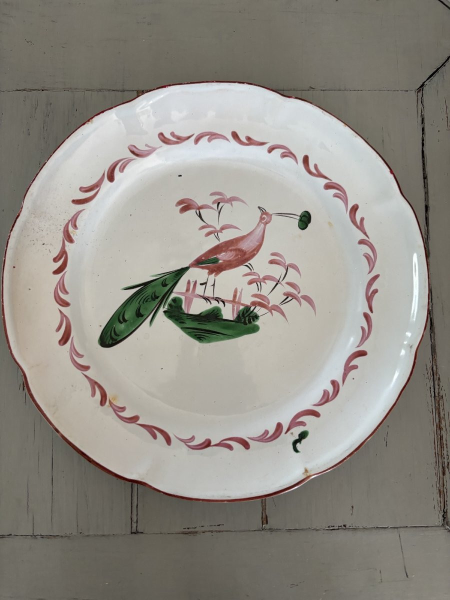 Antique Islettes Earthenware Plate, 19th Century, Decorated With A Peacock-photo-2