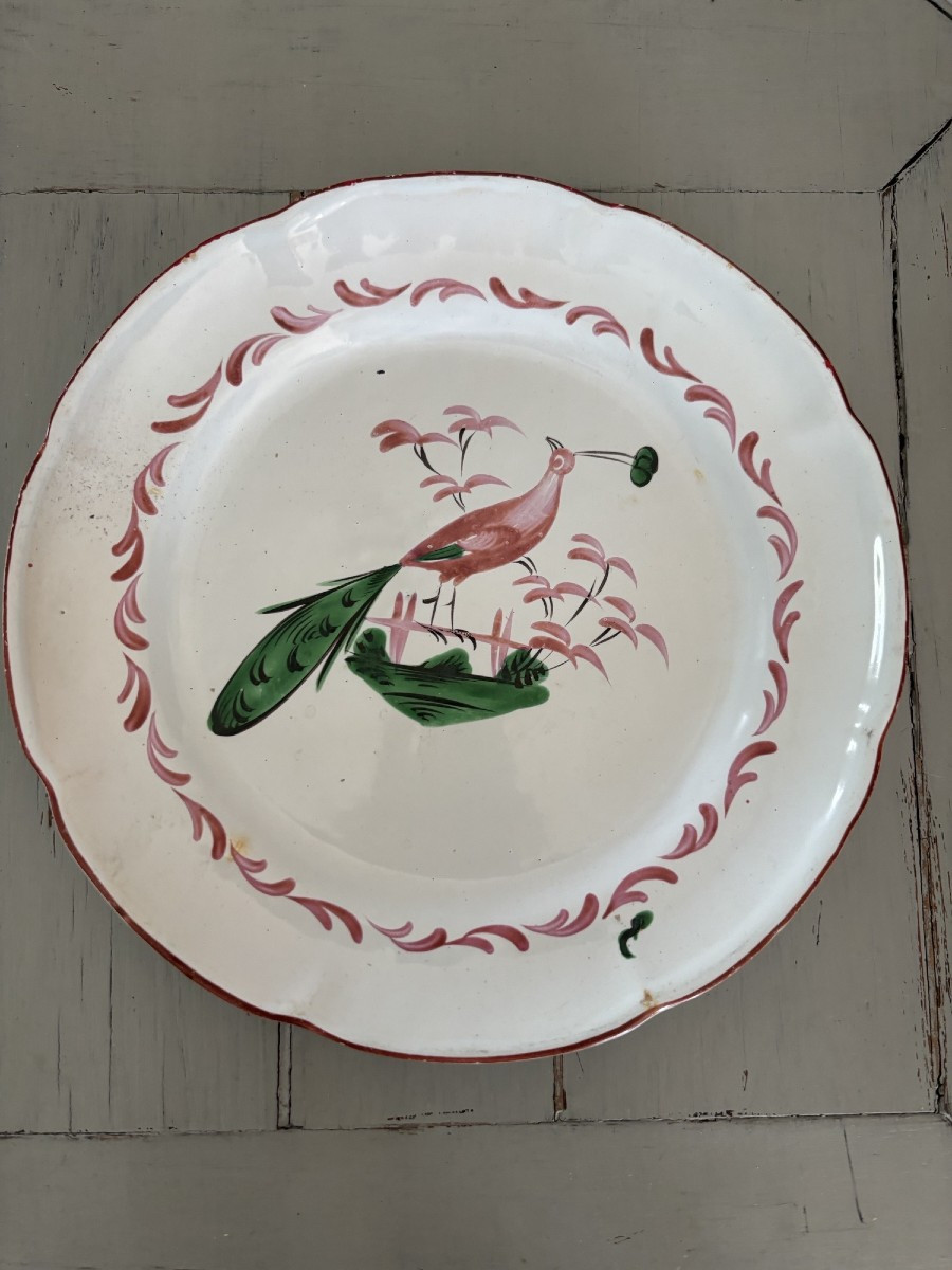 Antique Islettes Earthenware Plate, 19th Century, Decorated With A Peacock